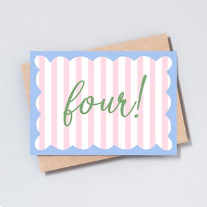 Vier 4. Geburtstag Grußkarte, Baby Girl / Jungen Geschenk, Stripe Card, Meilenstein Geburtstagskarte, fügen Sie personalisierte Nachricht hinzu, A6 / 5x7 Größe - GC487