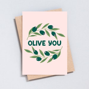 Olive You グリーティング カード、食べ物のイラスト、面白い駄洒落、誕生日、ありがとう、退職カード、愛してる、A6 / 5x7 サイズ - GC195