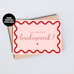 Voorstelkaart bruidsmeisje, gegolfde rand, roze en rood, Will You Be My... Gepersonaliseerde boodschap toevoegen, A6 / 5 x 7-formaat - GC264