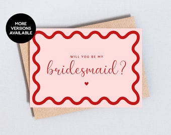 Bridesmaid Maid Of Honour Honor Proposal Card, Wave Border, Pink and Red, Will You Be My... Add Personalised Message, A6 / 5x7 Size - GC264