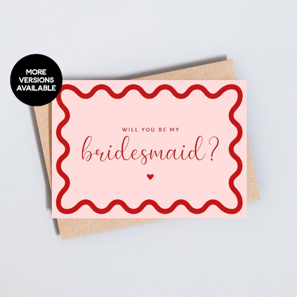 Bridesmaid Maid Of Honour Honor Proposal Card, Wave Border, Pink and Red, Will You Be My... Add Personalised Message, A6 / 5x7 Size - GC264