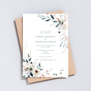 Convite de festa de casamento floral em aquarela, totalmente personalizável, design exclusivo moderno e delicado, impresso em cartão martelado branco, tamanho 5x7