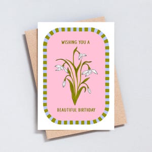 Ich wünsche Ihnen einen schönen Geburtstag, Schneeglöckchen Blumen, Geburtstagsgrußkarte, rosa Geburtstagskarte, A6 oder 5x7 Größe - GC509