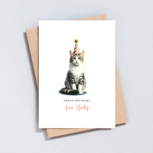 Carte d'anniversaire Fluffy Tabby, personnalisée de chat, anniversaire de chat, nom de chat des forêts norvégiennes, format A6 et 5 x 7 - GC222