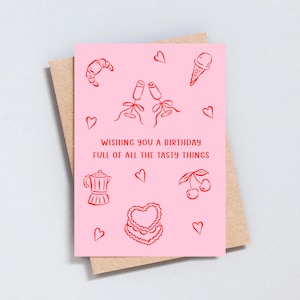 Carte d'anniversaire de choses savoureuses, carte d'illustration de collation, gâteau d'anniversaire coeur, anniversaire de petite amie bestie, cadeau pour elle, format A6 ou 5 x 7 - GC506