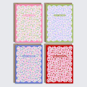 Bloemenwenskaart A6 set van 4, pakket verjaardagskaarten, geschulpte golfrand notitiekaarten, pakket botanische briefpapier, kleurrijke pastelkleurige kaarten