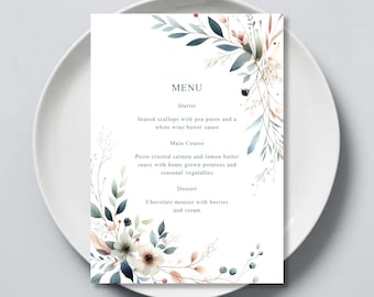 Watercolour Floral Wedding Dinner Party Menu, Fully Customisable, Modern Delicate Unique Design, Printed On White Hammered Card, 5x7 Size