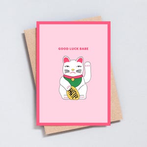 Lucky Waving Cat, Good Luck Babe Greeting Card, Pink and Red My Love Card, A6 / 5x7 size, GC441