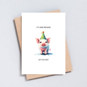 豚の誕生日カード、Let's Pig Out、豚の絵画イラスト、かわいい動物のグリーティングカード、メッセージを追加、A6 / 5x7 サイズ - GC242