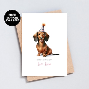 Verjaardagskaart teckel, kaart van of voor hond, gepersonaliseerde hondennaam, illustratie huisdier worst schilderij, A6- en 5 x 7-formaat - GC131