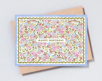Floral Birthday Card, Pretty Flower Birthday Card, Colourful Birthday Card, Decorative Border Card - GC177