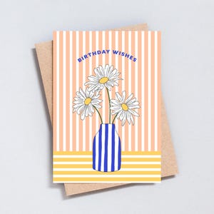 Tarjeta de felicitación de cumpleaños con diseño de margaritas y flores a rayas, tamaño A6 o 5x7 - GC444
