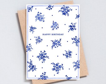 Blue Floral Birthday Card, Minimalist Watercolour Design, A6 or 5x7 - GC663