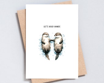 Carte Loutres se tenant la main : illustration aquarelle, carte d'anniversaire (format A6 ou 5 x 7).