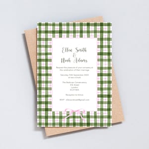 Gingham Bow Border Wedding Party Uitnodiging, volledig aanpasbaar, modern uniek ontwerp gedrukt op witte gehamerde kaart, 5x7 formaat