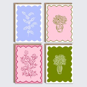 Bloemen wenskaart A6 set van 4, blanco kaarten voor elke gelegenheid, geschulpte golfrand notitiekaarten, pakket botanische briefpapier, verjaardag, bedankt