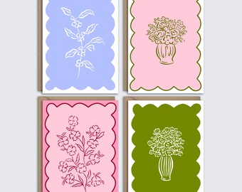 Floral Greeting Card Set: Botanical A6 Note Cards with Kraft Envelopes
