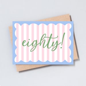 Wenskaart 80ste verjaardag, cadeau voor haar/hem, streepkaart, mijlpaalverjaardagskaart, gepersonaliseerd bericht toevoegen, A6/5 x 7-formaat, GC481