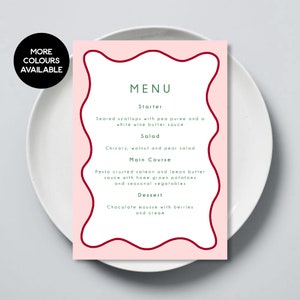 Falista krawędź menu, wesele, kolacja, urodziny, w pełni konfigurowalne, nowoczesny, unikalny design, wydrukowane na białej młotkowanej karcie, rozmiar 5x7