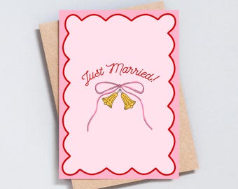 Just Married Card | Pink Scalloped Wedding Card with Gold Bells & Bow | Cute Retro Wedding Congrats Card | Blank Inside - GC507