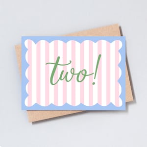 Biglietto d'auguri per il secondo compleanno, per bambina/bambino, a righe, compleanno importante, aggiungi un messaggio personalizzato, formato A6/5x7 - GC476 - GC485