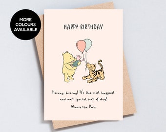 Winnie the Pooh Happy Birthday Card, Hooray Quote, Pooh, Piglet and Tiger Illustration, A6 and A5 Size - GC173