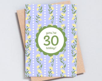 30th Birthday Card: Floral Stripe Design