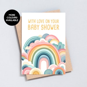 Com amor no chá de bebê, novo cartão de felicitações unissex para bebê, ilustração de arco-íris, adicionar mensagem, tamanho A6 / 5x7 - GC265