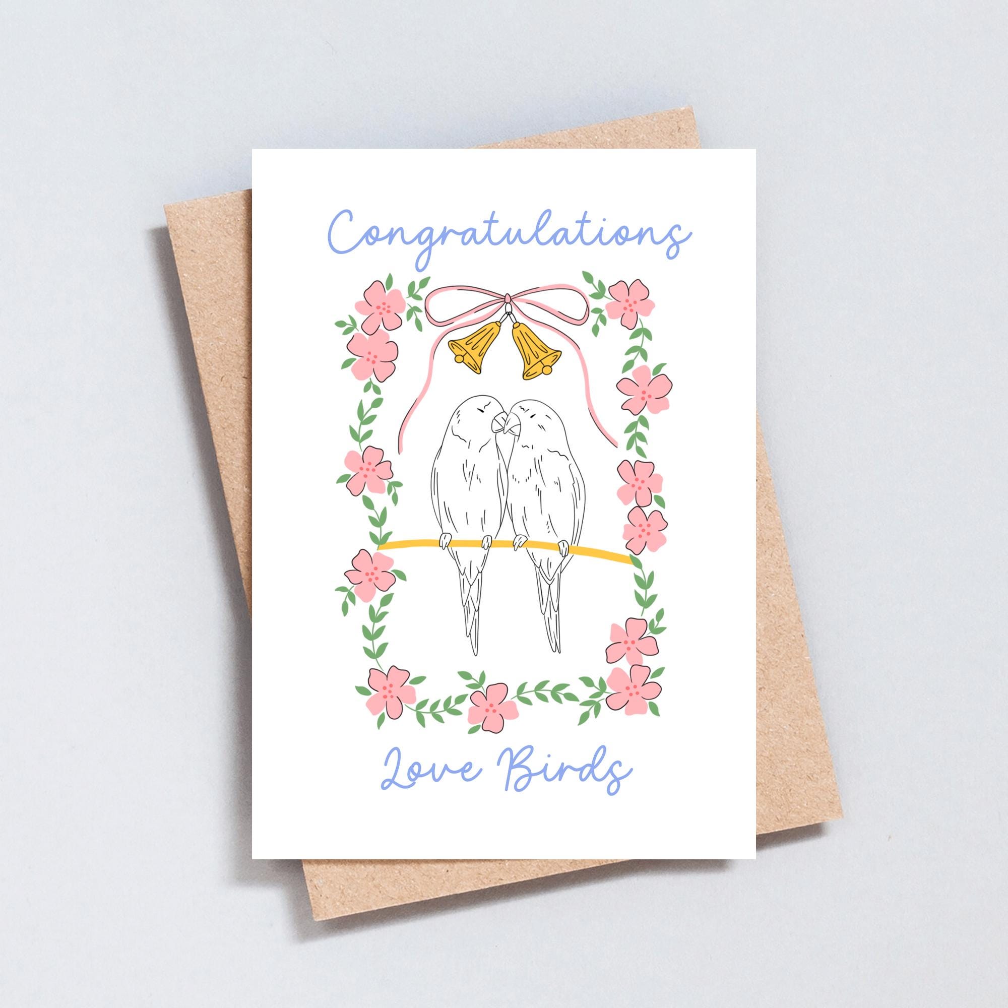 Congratulations Love Birds, Just Married Illustration Wedding Greeting Card, Pink Floral Painting, Bow Wedding Bells, A6 or 5x7 Size - GC497