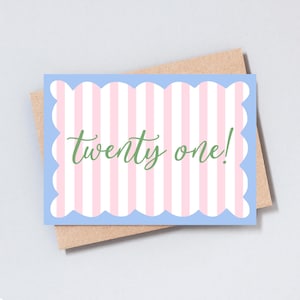Cartão comemorativo de 21º aniversário da Twenty One, presente para ela/ele, cartão listrado, aniversário comemorativo, adicione uma mensagem personalizada, tamanho A6/5x7 - GC494