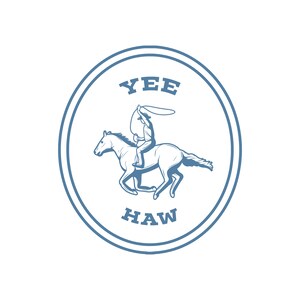 Puede incluir: Un logotipo circular azul y blanco con el texto "YEE HAW" y un vaquero montando un caballo con un lazo.