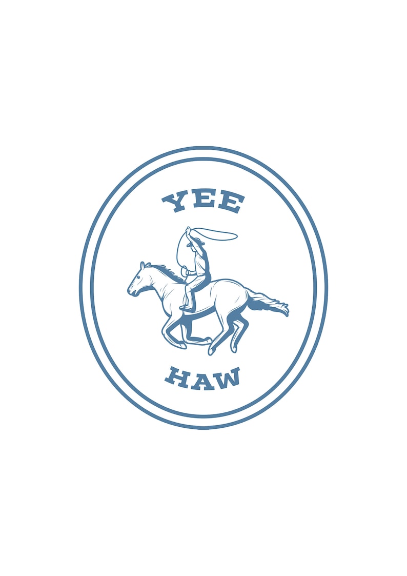 Puede incluir: Un logotipo circular azul y blanco con el texto "YEE HAW" y un vaquero montando un caballo con un lazo.