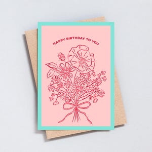 Cartão de aniversário floral, cartão de buquê de flores, cartão com laço rosa e vermelho, presente para ela, cartão A6 ou 5x7 - GC520
