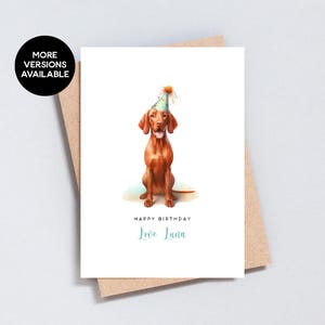 Cartão de aniversário húngaro Vizsla, cartão de cachorro, pintura em aquarela com nome personalizado, cartão de animal de estimação, tamanho A6 / 5x7 - GC143