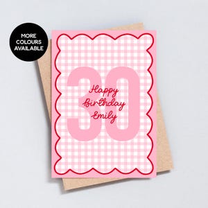 Personalised Gingham Birthday Card – Custom Age & Name Pink, Peach or Blue, Cute 30th Birthday Card for Her, Aesthetic Greeting Card - GC529