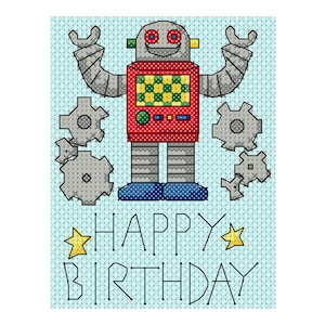 Robot cross stitch chart, birthday card cross stitch pattern, instant download PDF, cogs and stars, boys birthday card, plus freebie chart