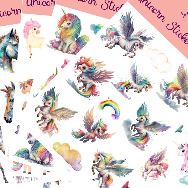 Cute Unicorn Stickers that can be used for scrapbooking, crafting, junk journals, planners, decals, and so many more things.