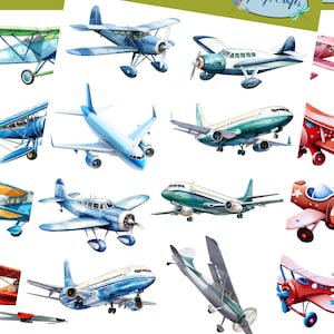 以下が含まれることがあります： さまざまな種類の飛行機のウォーターカラーイラスト10点セット。飛行機は青、赤、緑、黄など、さまざまな色で描かれています。スクラップブッキング、カード作り、その他のクラフトプロジェクトに最適です。