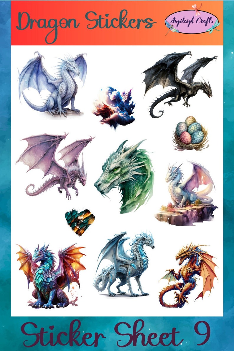 Peut inclure: Feuille d'autocollants avec neuf illustrations de dragons color&eacute;s. La feuille est intitul&eacute;e "Dragon Stickers" et "Sticker Sheet 9".