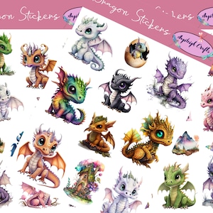 Schattige drakenstickers die kunnen worden gebruikt voor scrapbooking, knutselen, junkjournals, planners, stickers en nog veel meer.