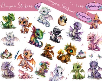 Cute Dragon Stickers that can be used for scrapbooking, crafting, junk journals, planners, decals, and so many more things.