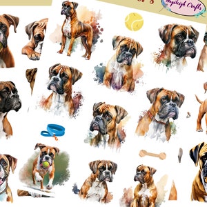 May include: A digital sheet of watercolor illustrations featuring various poses of a boxer dog. The illustrations include the dog playing with a ball, sitting, standing, and looking at the viewer. The illustrations are in shades of brown, black, and white.