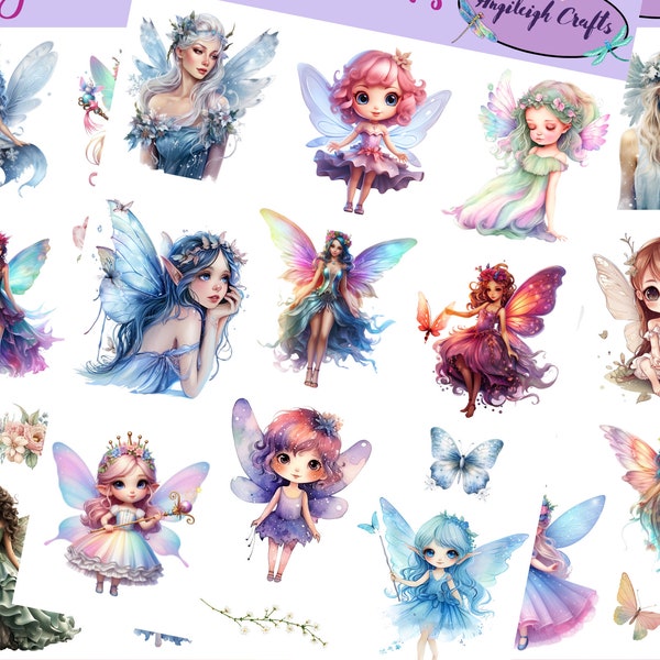 Colorful and unique Fairy Stickers that can be used for scrapbooking, crafting, junk journals, planners, decals, and so many more things.