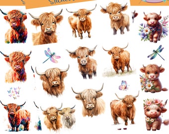 Highland Cow Stickers that can be used for scrapbooking, crafting, junk journals, planners, decals, and so many more things.