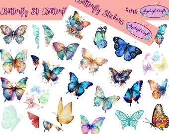 Op de afbeelding: Een set van 20 aquarel vlinderstickers. De vlinders zijn in verschillende kleuren, waaronder blauw, paars, roze, oranje, geel en groen. De stickers zijn perfect om een vleugje whimsy toe te voegen aan je knutselwerk, dagboeken of planners.