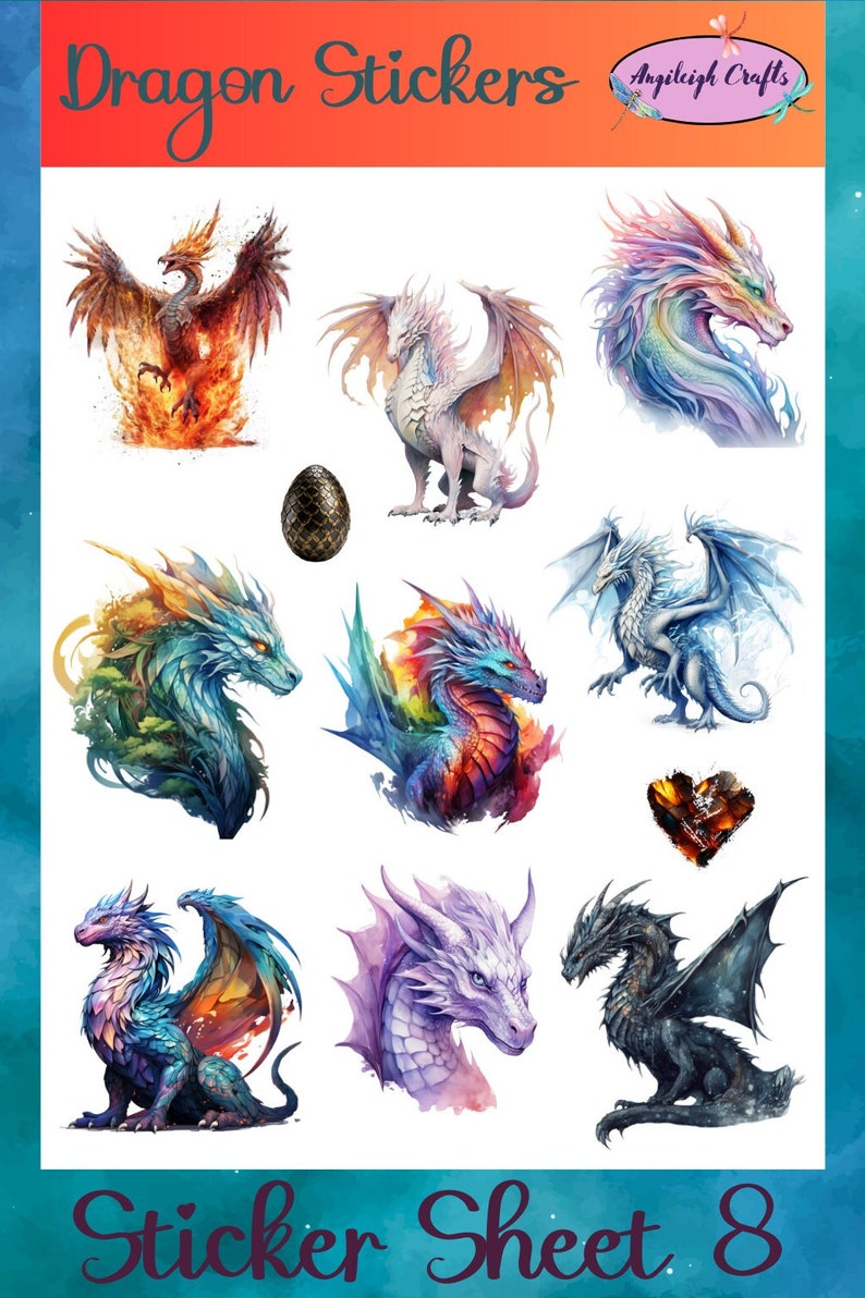 Peut inclure: Une feuille d'autocollants avec 8 motifs de dragons diff&eacute;rents. Les dragons sont de diff&eacute;rentes couleurs, notamment bleu, vert, violet, blanc et noir. La feuille comprend &eacute;galement un &oelig;uf de dragon et un c&oelig;ur.