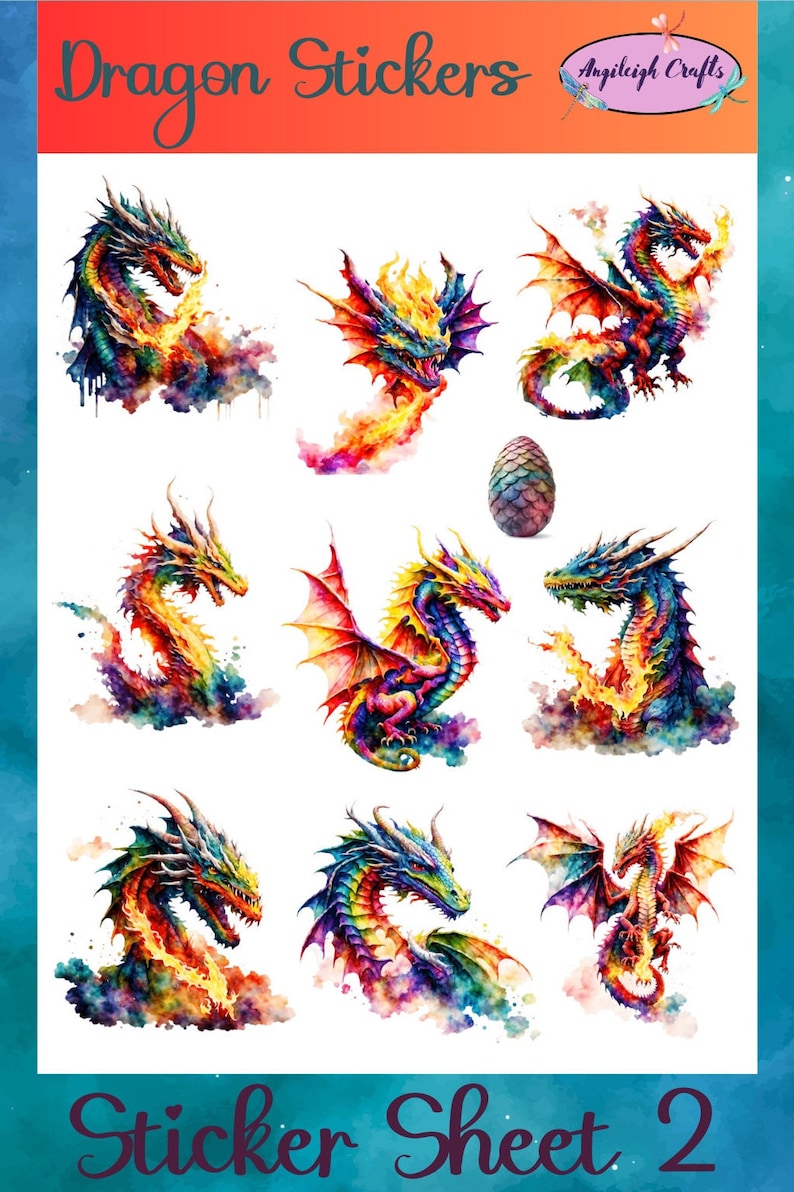 Peut inclure: Une feuille d'autocollants de dragons color&eacute;s avec un effet aquarelle. La feuille comprend huit designs de dragons diff&eacute;rents, chacun avec un sch&eacute;ma de couleurs et une pose uniques. La feuille comprend &eacute;galement un autocollant d'&oelig;uf de dragon. Le texte "Dragon Stickers" et "Sticker Sheet 2" est imprim&eacute; sur la feuille.