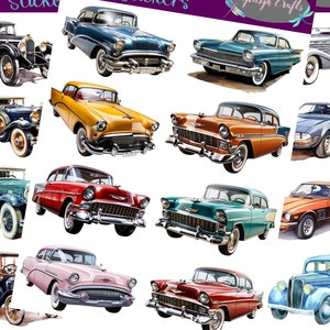Vintage autostickers die kunnen worden gebruikt voor scrapbooking, knutselen, junkjournals, planners, stickers en nog veel meer.