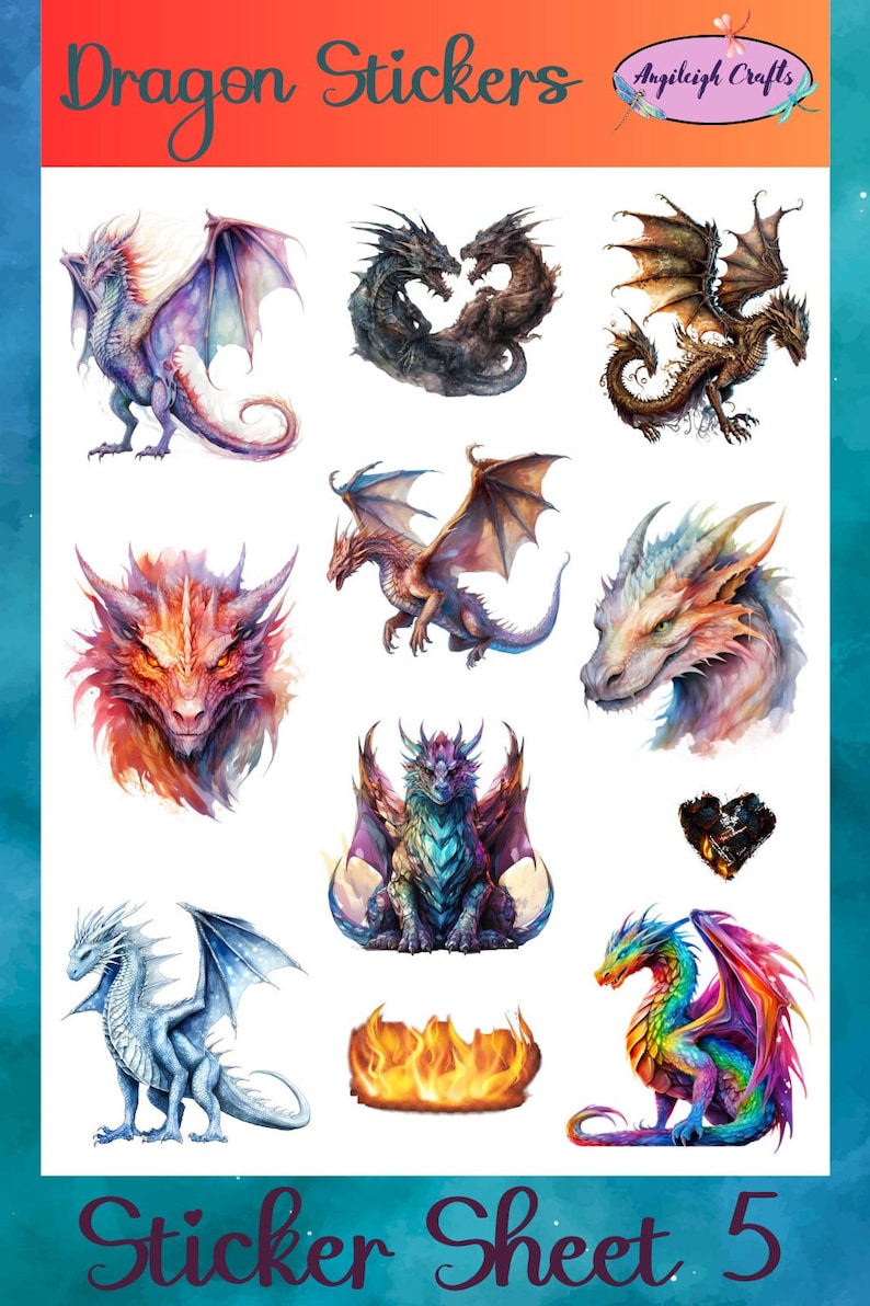 Peut inclure: Une feuille d'autocollants de dragons color&eacute;s. La feuille comprend 10 autocollants repr&eacute;sentant des dragons dans diff&eacute;rentes poses et couleurs, notamment une paire de dragons entrelac&eacute;s, un dragon avec ses ailes d&eacute;ploy&eacute;es et un dragon avec la t&ecirc;te haute. La feuille comprend &eacute;galement un autocollant de feu et un autocollant de c&oelig;ur. Le texte "Sticker Sheet 5" est imprim&eacute; en bas de la feuille.