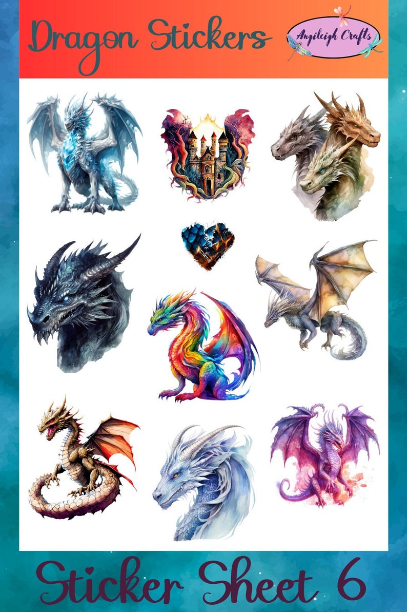 Peut inclure: Une feuille de 9 autocollants de dragons en aquarelle. Les autocollants repr&eacute;sentent des dragons dans diff&eacute;rentes poses et couleurs, notamment bleu, noir, arc-en-ciel et violet. La feuille comprend &eacute;galement un ch&acirc;teau et un c&oelig;ur.